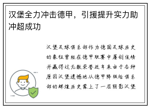 汉堡全力冲击德甲，引援提升实力助冲超成功